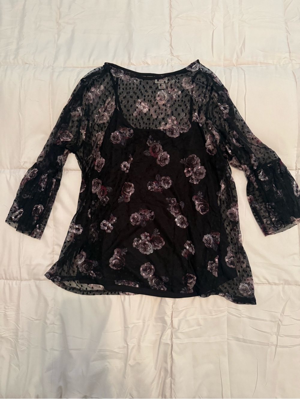 Mossimo Supply Co. Black Sheer Floral Overlay Top with Purple Roses